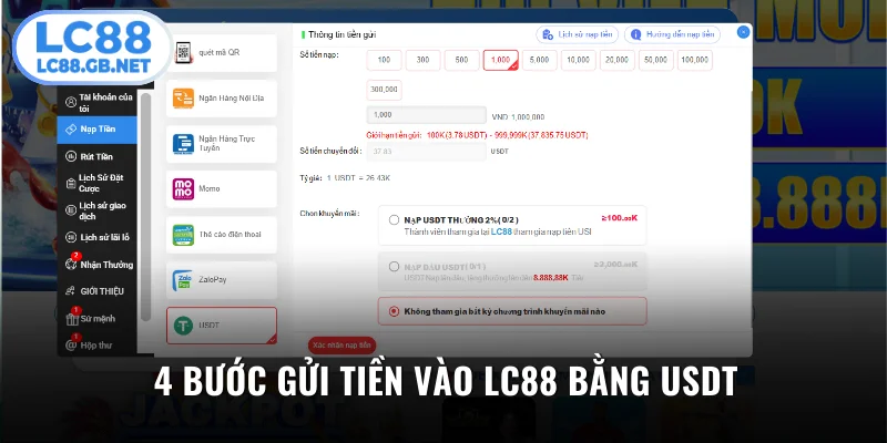 Chỉ dẫn 4 bước gửi tiền bằng USDT