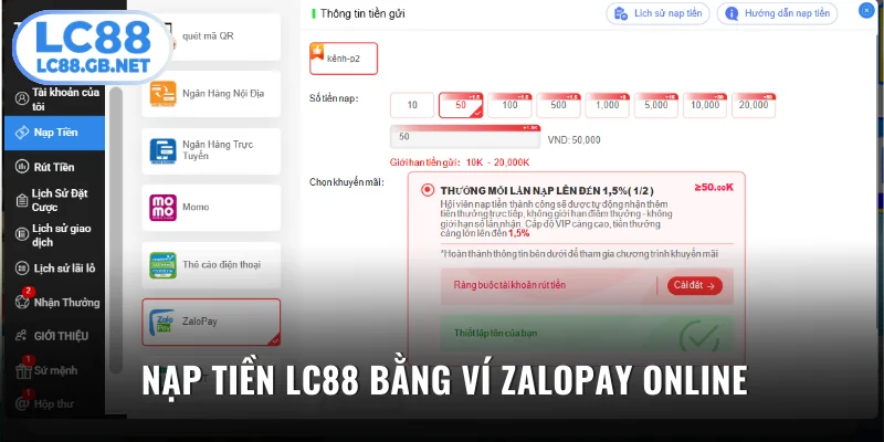 Phương thức nạp tiền LC88 bằng ví ZaloPay